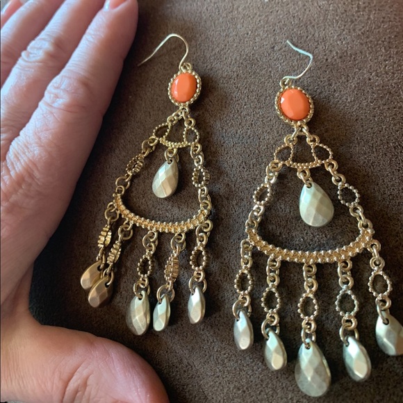 Cache Gold Toned Dangle Earrings with Coral Colored Stone - Picture 2 of 2